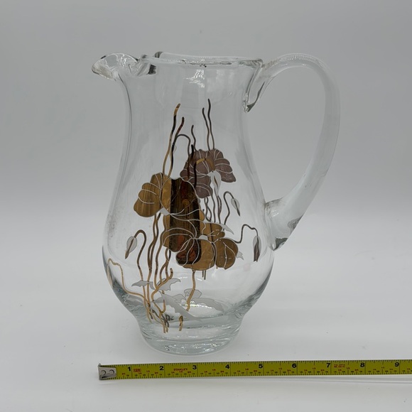 Vintage Gold Cyclamen Motif Mid Century Modern Glass Pitcher with Ice Lip 9.25" - Picture 3 of 9